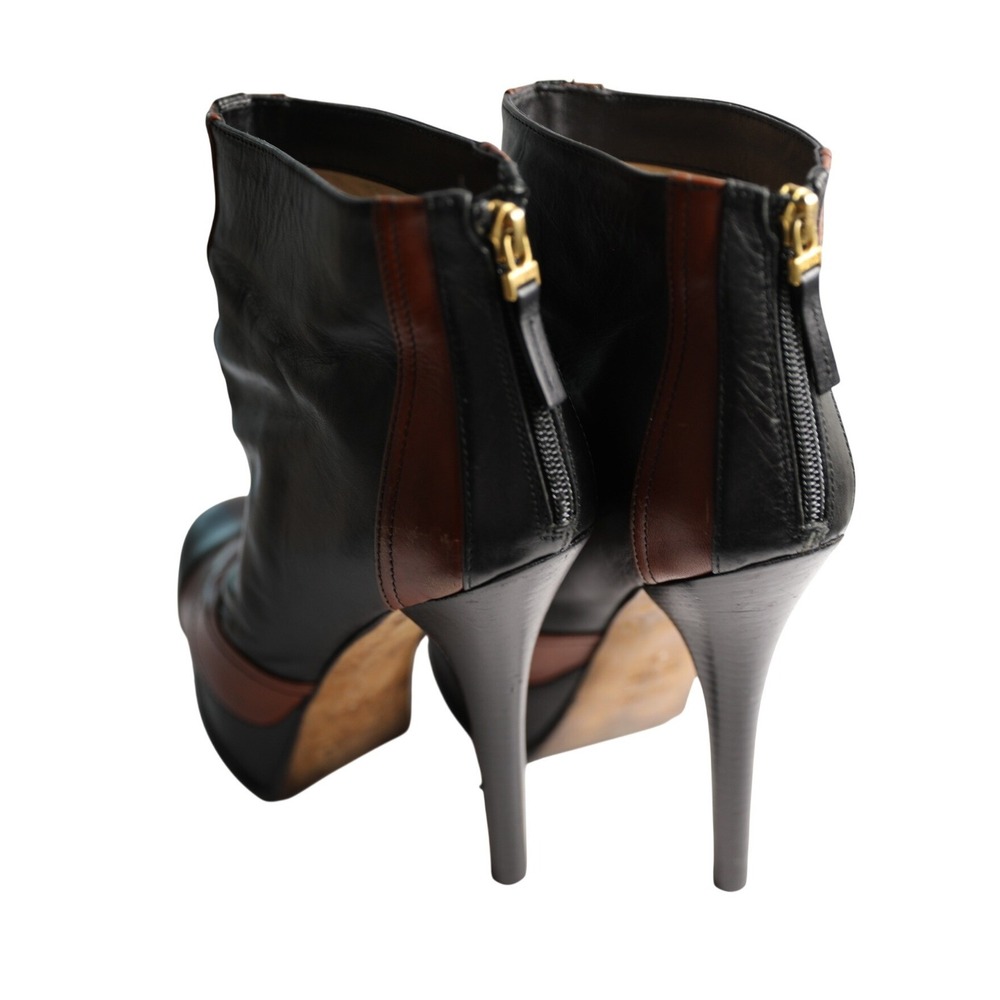 Fendi Black Brown Leather Platform Ankle Boots FF Logo Stiletto Heel 39 Italy - Picture 3 of 10